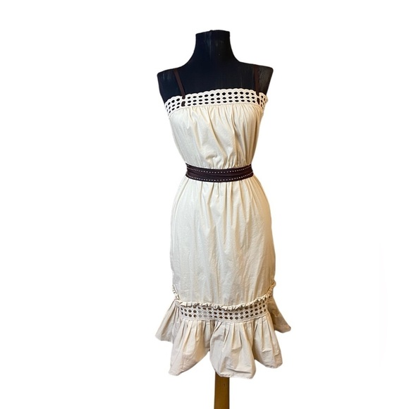 BCBG Beige Cotton Blend Sleeveless Midi Ruffle Dress - Picture 2 of 16